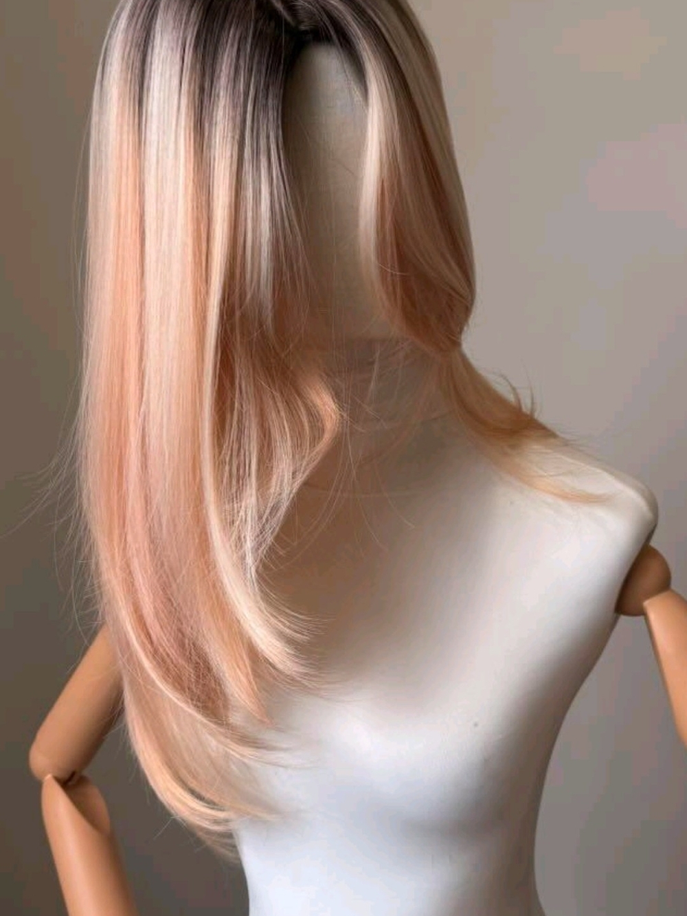 Soft Peach Blonde Long Straight Wig with Subtle Rooted Tone